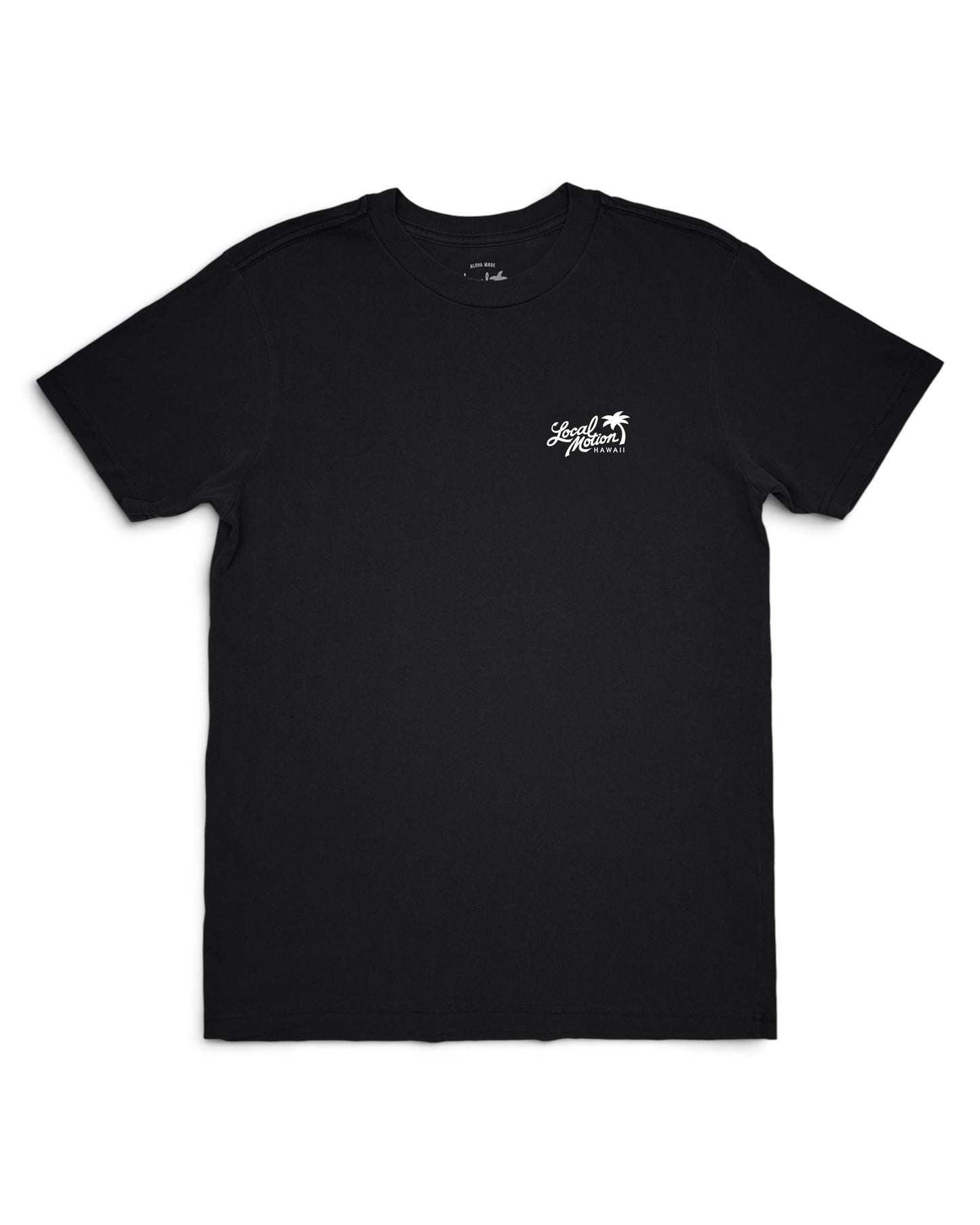 A black short-sleeve crewneck t-shirt with a small white graphic on the left chest, displayed flat against a plain white background. [black]