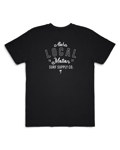 A black short-sleeve t-shirt with a white graphic print on the front reading 'Alaha LOCAL Maui 1977 SURF SUPPLY CO.' on a plain white background. [black]