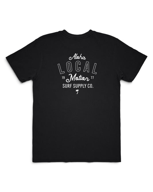 A black short-sleeve t-shirt with a white graphic print on the front reading 'Alaha LOCAL Maui 1977 SURF SUPPLY CO.' on a plain white background. [black]