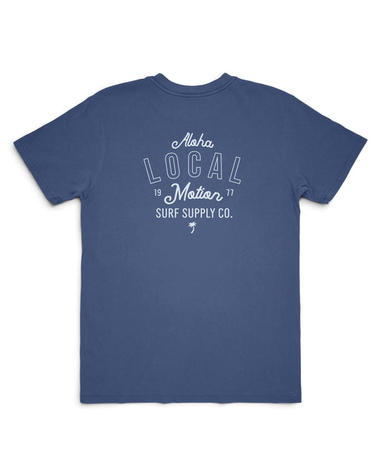 A blue short-sleeve t-shirt shown from the back, featuring a white graphic print on a clean white background. [vintage blue]