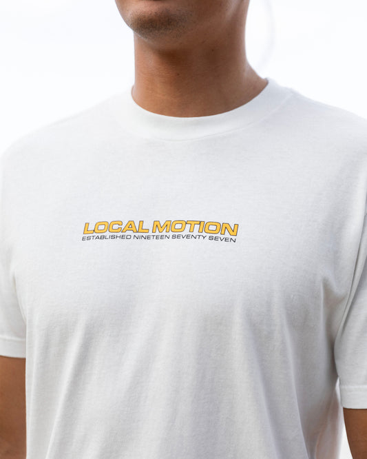A close-up of a person wearing a white crew-neck t-shirt [vintage white]