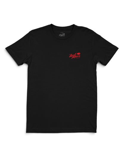 A black short-sleeve crewneck t-shirt with a small red graphic on the left chest [black]