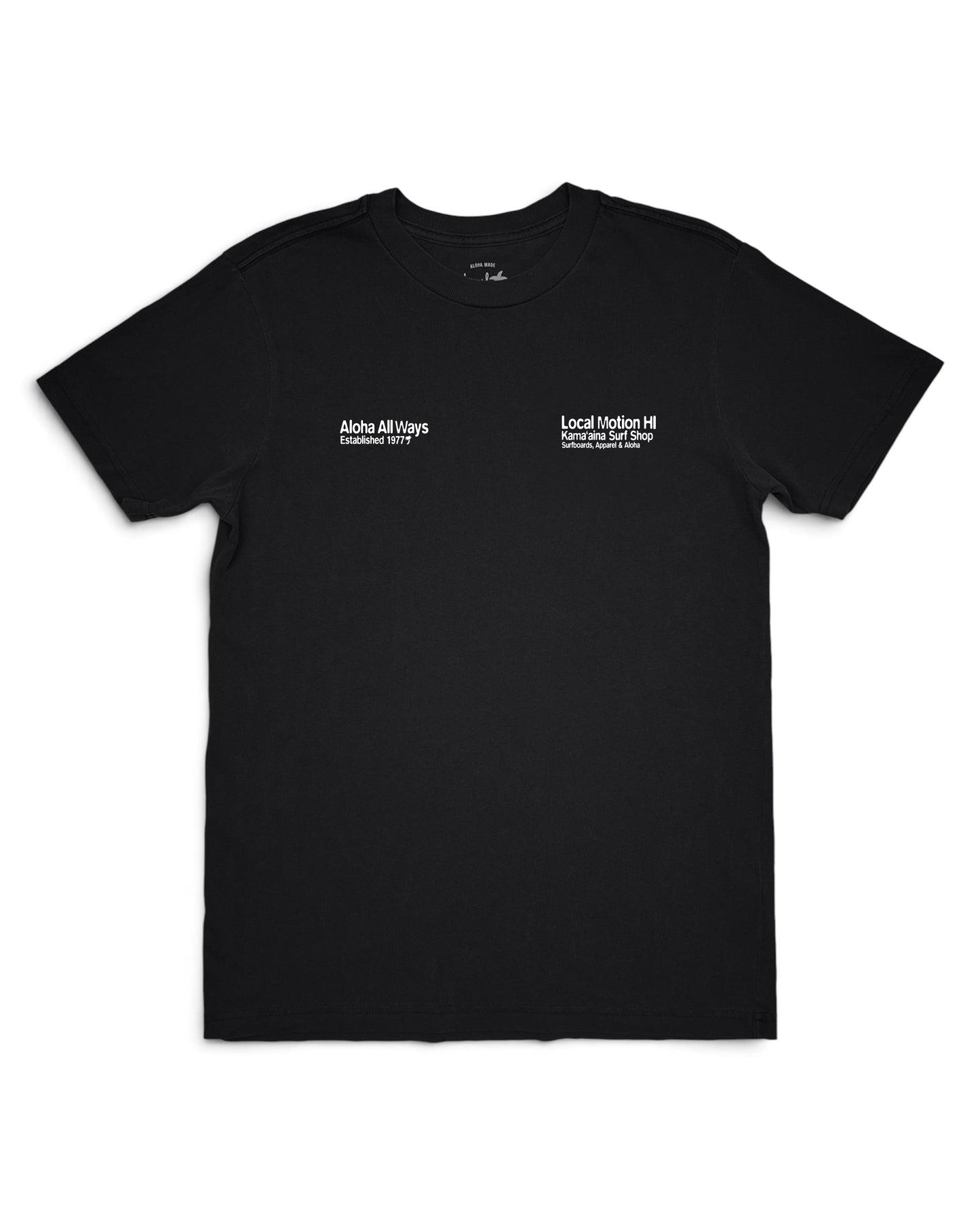 A black short-sleeve crewneck t-shirt with white printed text on the chest, displayed flat against a plain white background. [black]