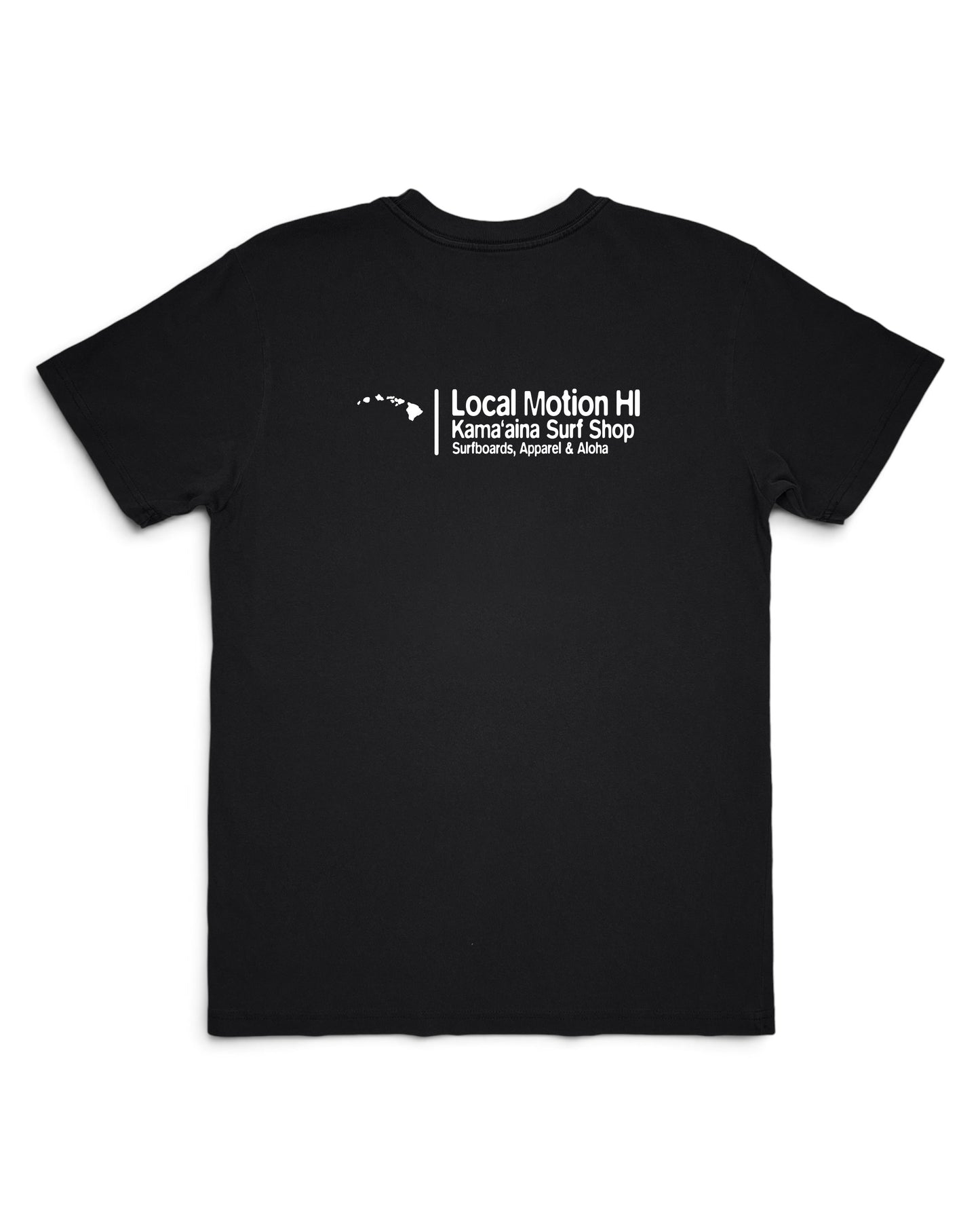A black short-sleeve crewneck t-shirt with a graphic on chest Local Motion Kama'aina Surf Shop [black]