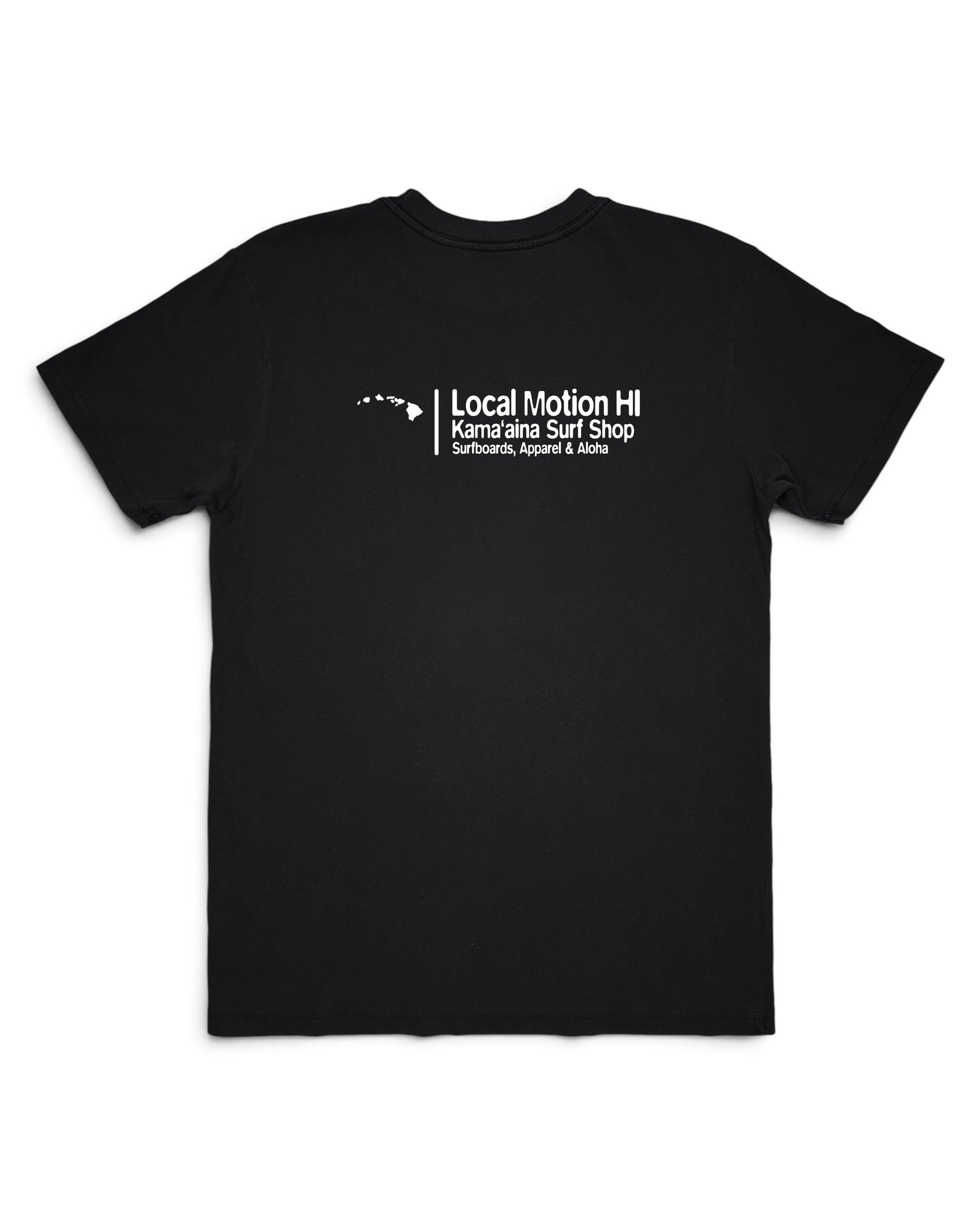 A black short-sleeve crewneck t-shirt with a graphic on chest Local Motion Kama'aina Surf Shop [black]
