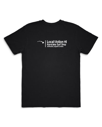 A black short-sleeve crewneck t-shirt with a graphic on chest Local Motion Kama'aina Surf Shop [black]