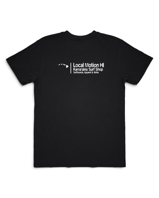 A black short-sleeve crewneck t-shirt with a graphic on chest Local Motion Kama'aina Surf Shop [black]