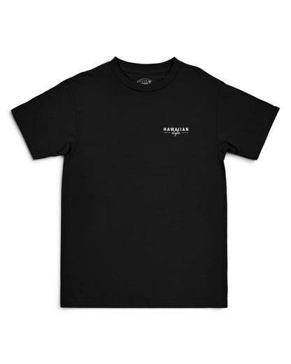 A black short-sleeve crewneck t-shirt with a small white graphic [black]