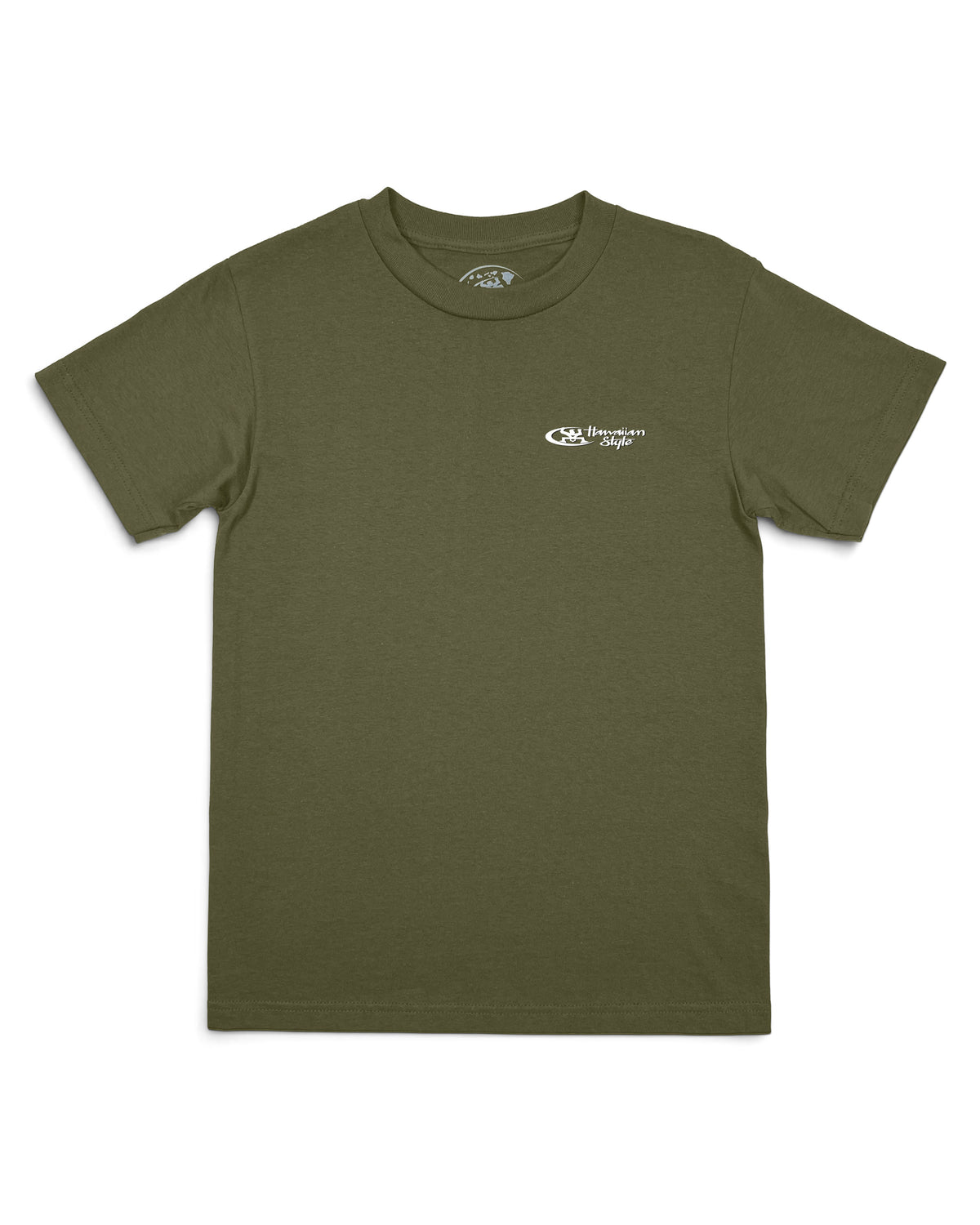 An olive green short-sleeve crewneck t-shirt with a small white logo on left chest [military green]