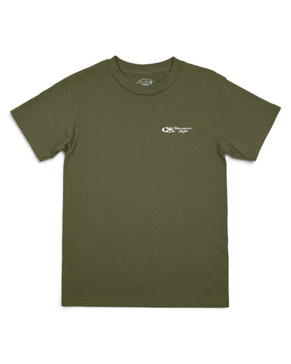 An olive green short-sleeve crewneck t-shirt with a small white logo on left chest [military green]