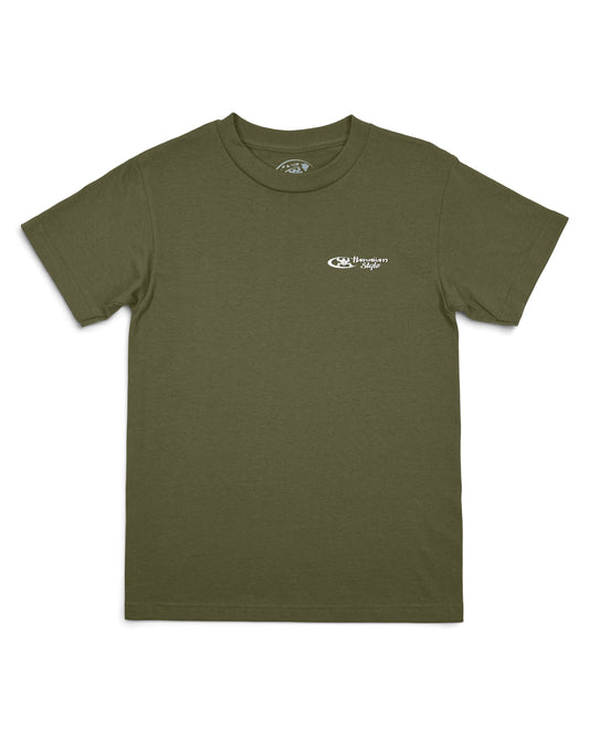 An olive green short-sleeve crewneck t-shirt with a small white logo on left chest [military green]