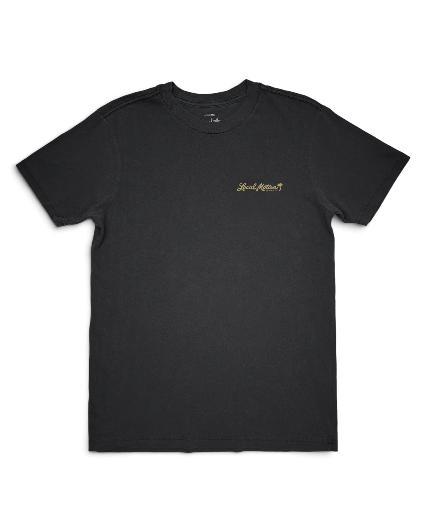A black short-sleeve crewneck t-shirt with white printed text on the chest [graphite black]