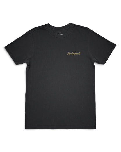 A black short-sleeve crewneck t-shirt with white printed text on the chest [graphite black]