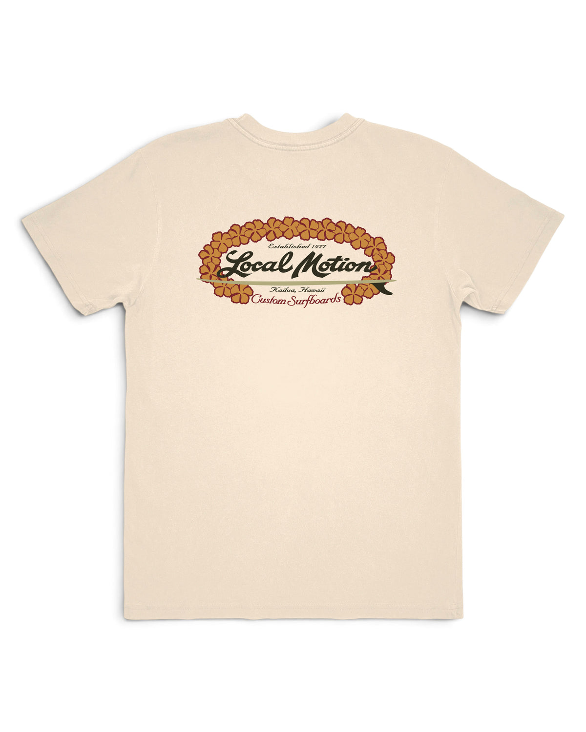 A cream-colored short-sleeve t-shirt with a circular graphic on the chest [parchment]