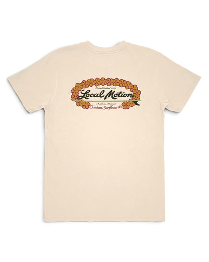 A cream-colored short-sleeve t-shirt with a circular graphic on the chest [parchment]