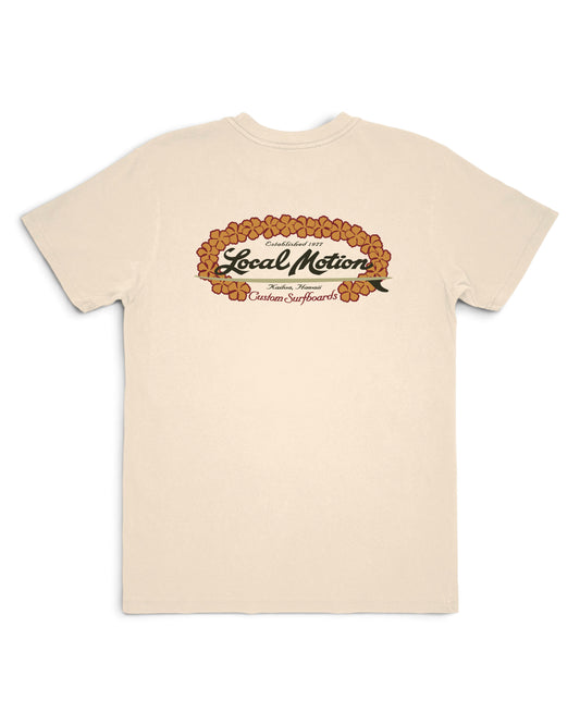 A cream-colored short-sleeve t-shirt with a circular graphic on the chest [parchment]