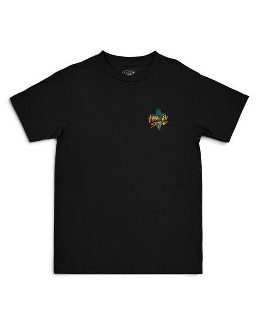 A black short-sleeve crewneck t-shirt with a small graphic on the left chest [black]