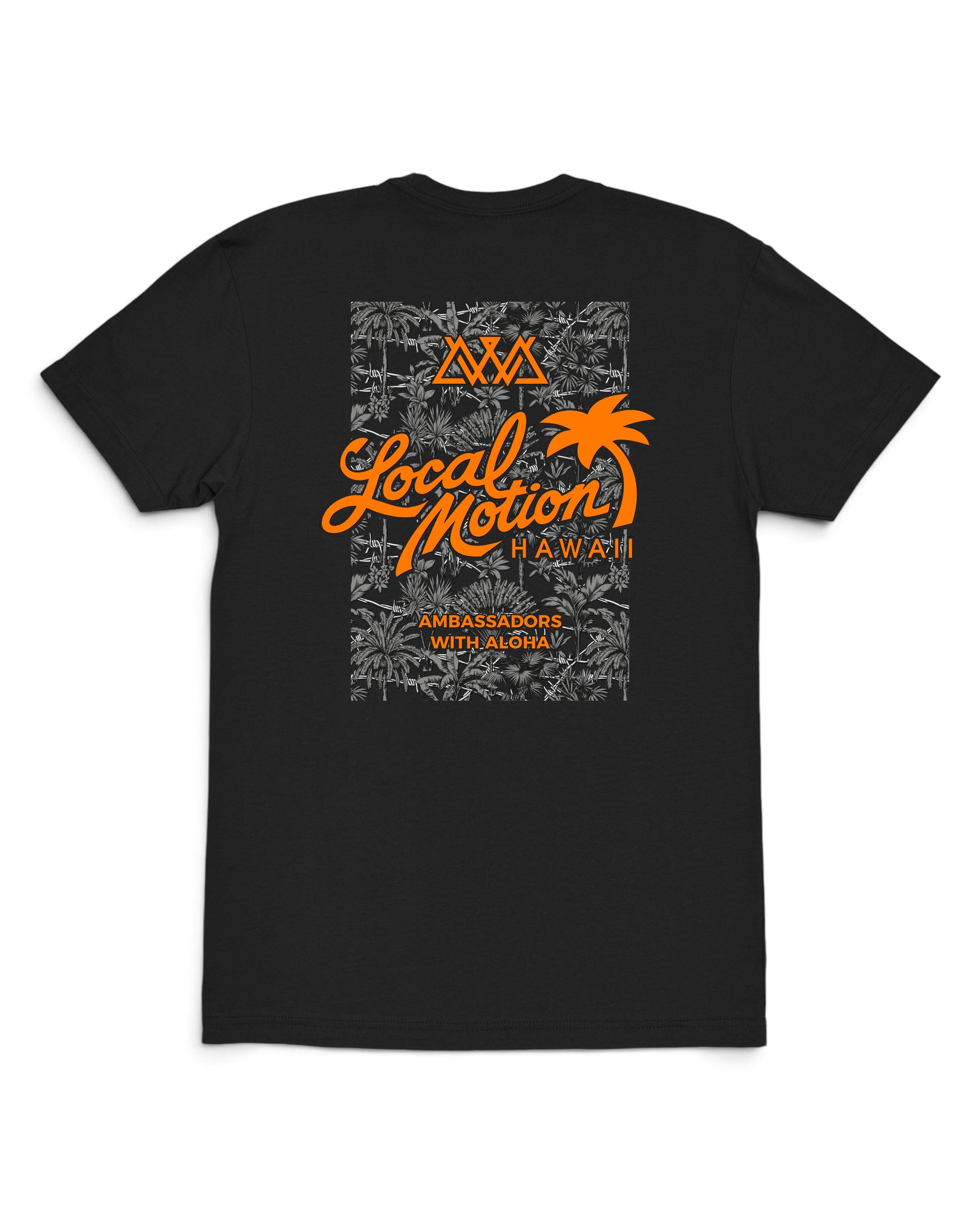 A black short-sleeve t-shirt shown from the back, featuring a large orange and gray graphic print on the center back [black]