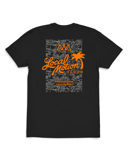 A black short-sleeve t-shirt shown from the back, featuring a large orange and gray graphic print on the center back [black]