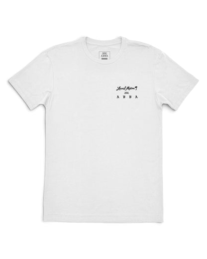 A white short-sleeve crewneck t-shirt with a small black graphic on the left chest [white]