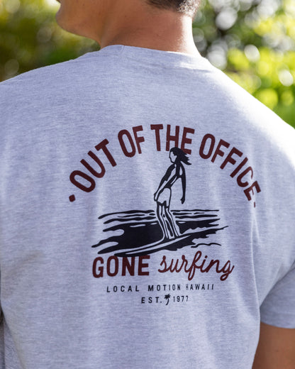 Back of a shirt displaying out of the office [heather grey]