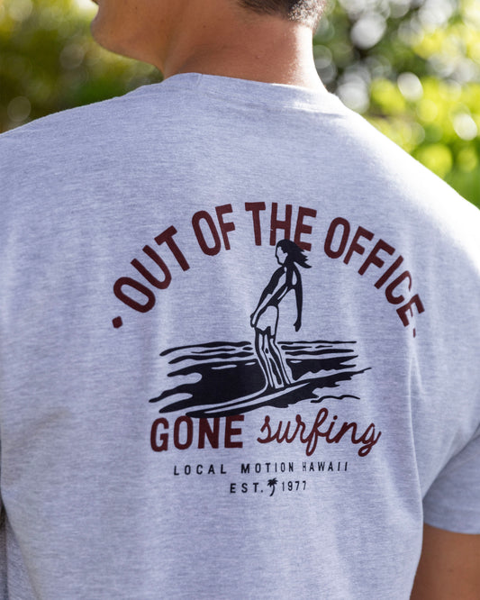 Back of a shirt displaying out of the office [heather grey]