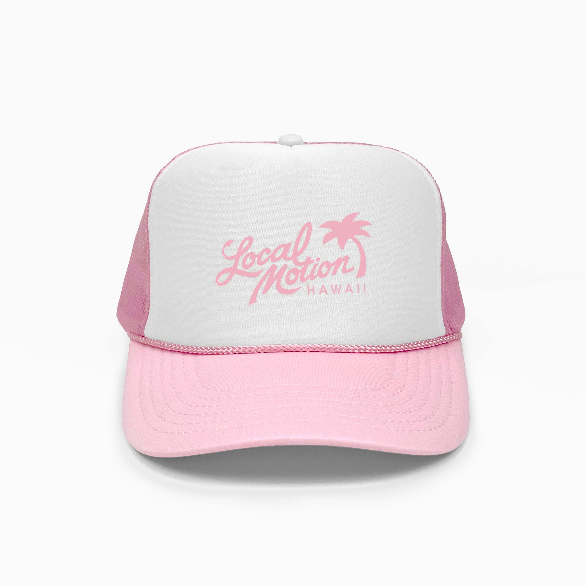 Pink and white cap with 'Local Motion Hawaii' text on a white background