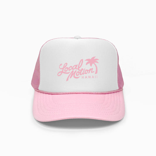 Pink and white cap with 'Local Motion Hawaii' text on a white background