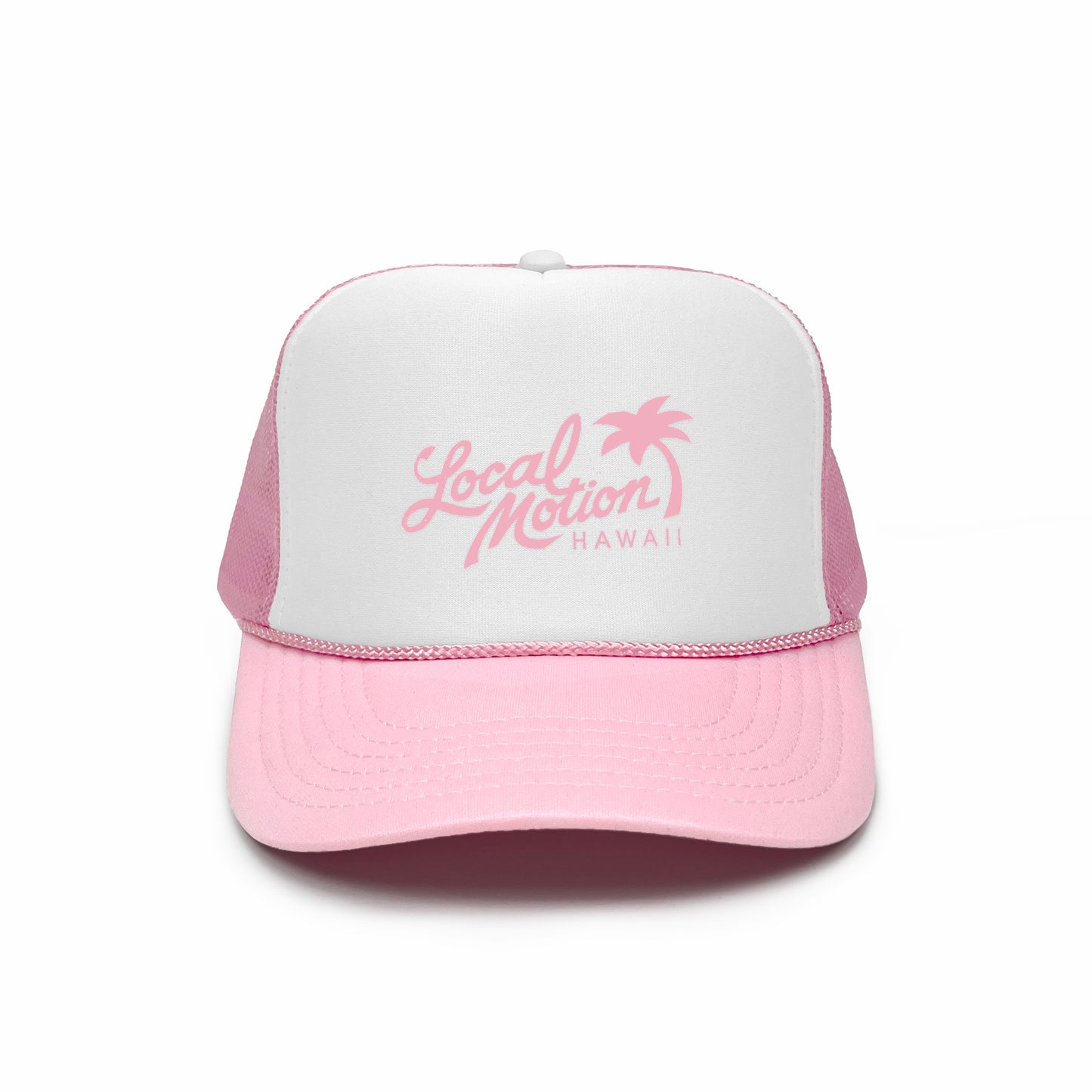 Pink and white cap with 'Local Motion Hawaii' text on a white background [pink w/white]
