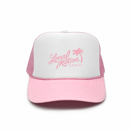 Pink and white cap with 'Local Motion Hawaii' text on a white background [pink w/white]