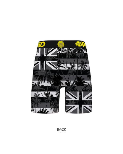 A pair of men's boxer briefs with a black, white, and gray tropical palm tree [black]