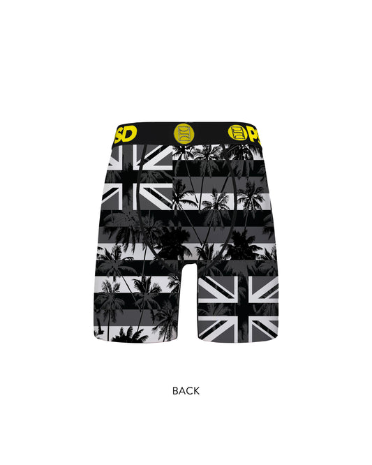 A pair of men's boxer briefs with a black, white, and gray tropical palm tree [black]