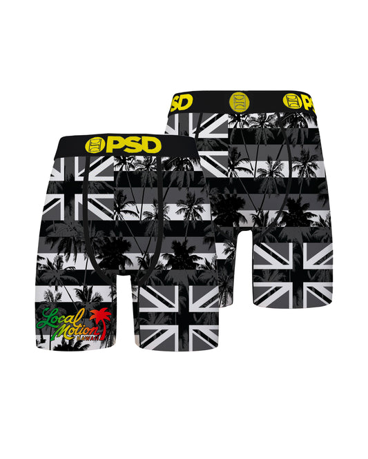 Two pairs of mens boxer briefs with Hawaiian flag and Local Motion logo
