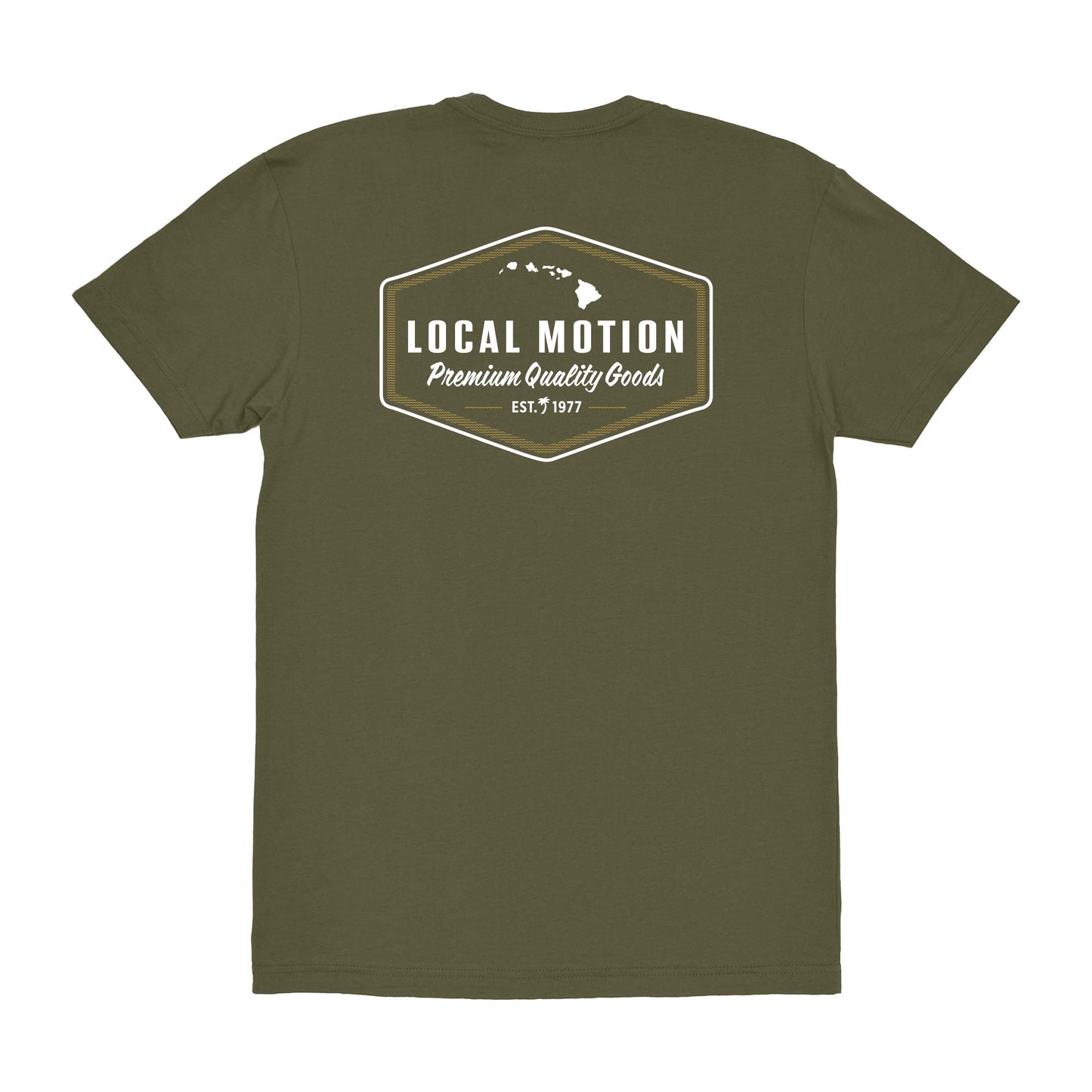 Green t-shirt with 'Local Motion' logo on the back against a white background