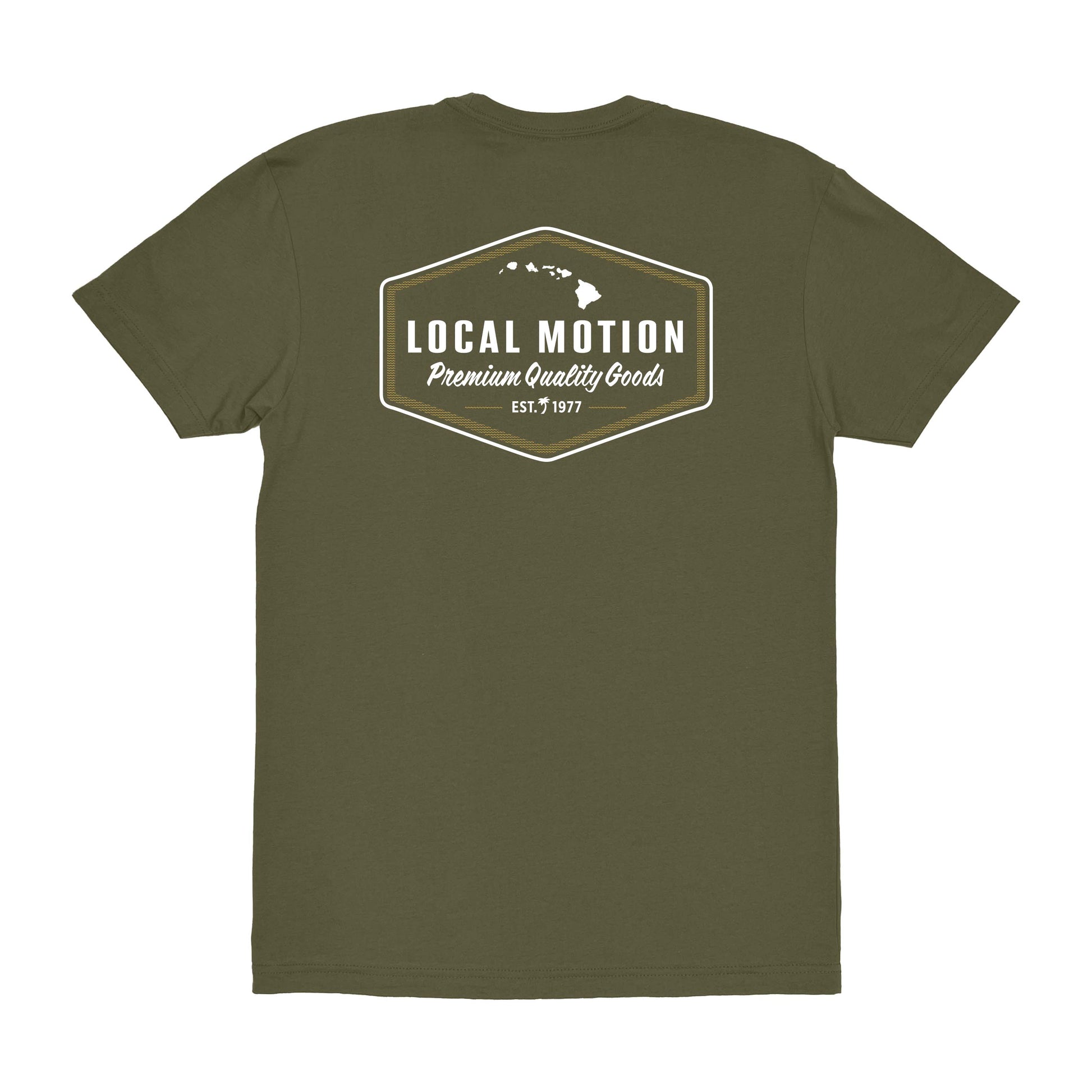 Green t-shirt with 'Local Motion' logo on the back against a white background