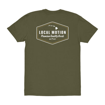 Green t-shirt with 'Local Motion' logo on the back against a white background