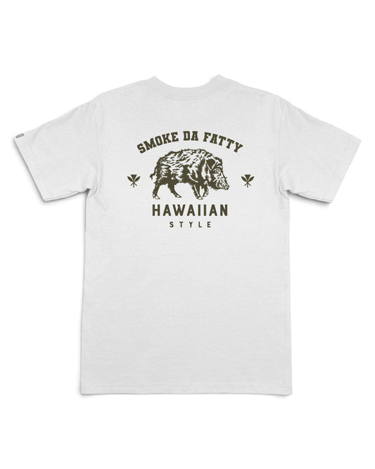 A white short-sleeve t-shirt with a dark brown graphic on the back featuring a wild boar [white]