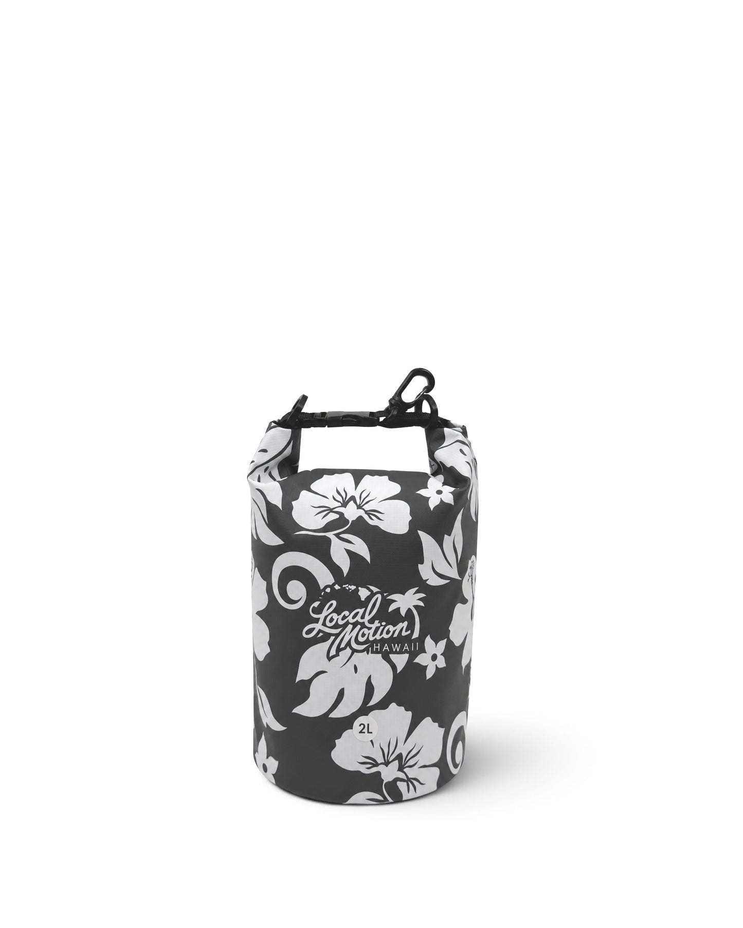 A dry bag with a black and white floral pattern, featuring the 'Local Motion' brand logo on the front, set against a plain white background. [black/cool grey]