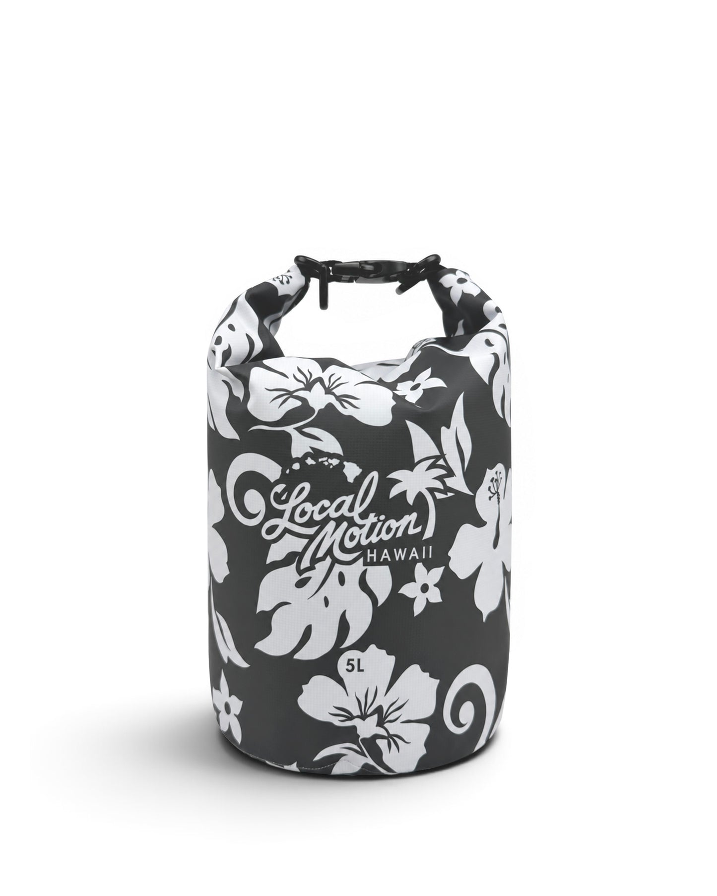A 5-liter dry bag by Local Motion Hawaii, featuring a black and white floral pattern with hibiscus and monstera leaves [black/cool grey]