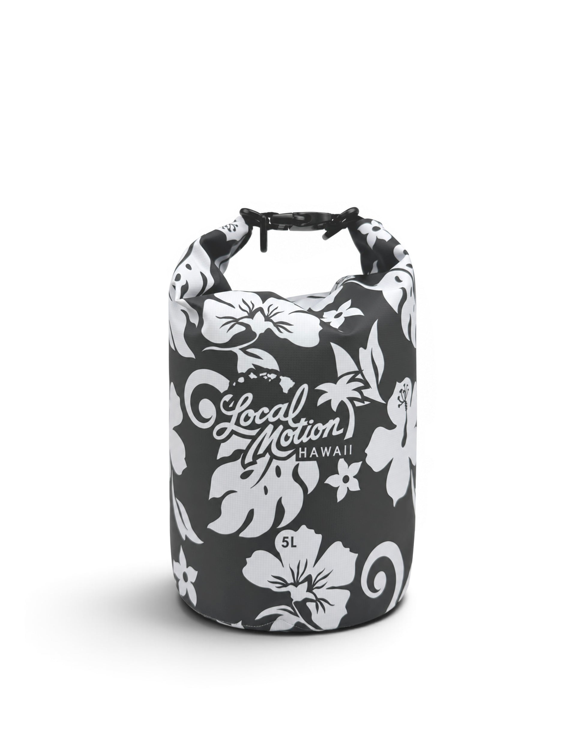 A 5-liter dry bag by Local Motion Hawaii, featuring a black and white floral pattern with hibiscus and monstera leaves [black/cool grey]