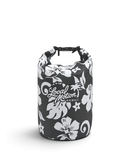 A 5-liter dry bag by Local Motion Hawaii, featuring a black and white floral pattern with hibiscus and monstera leaves [black/cool grey]