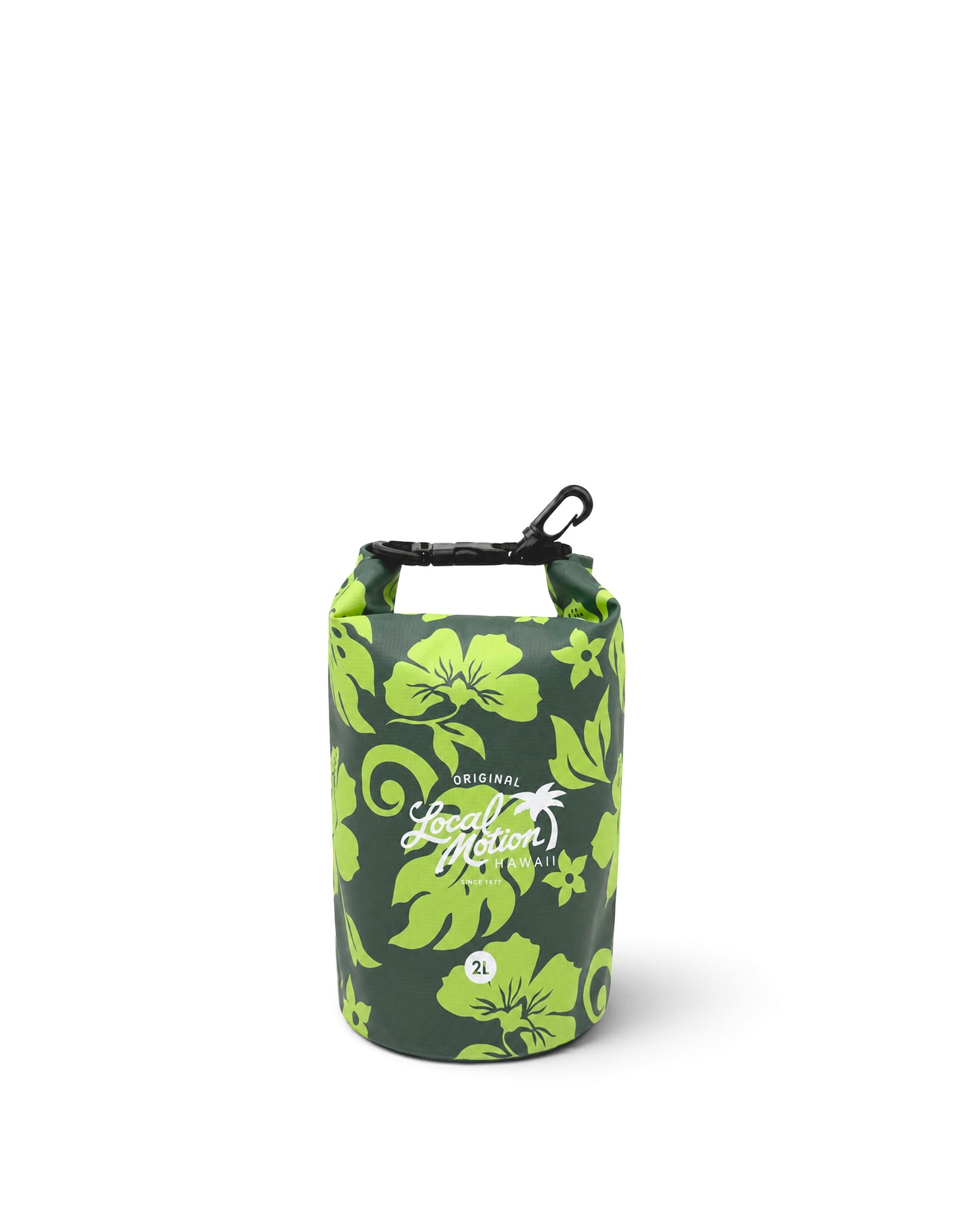 A dry bag waterproof pouch by Local Motion featuring a green and dark green hibiscus floral pattern, with a black carabiner clip on top, set against a plain white background. [forest green/lime]