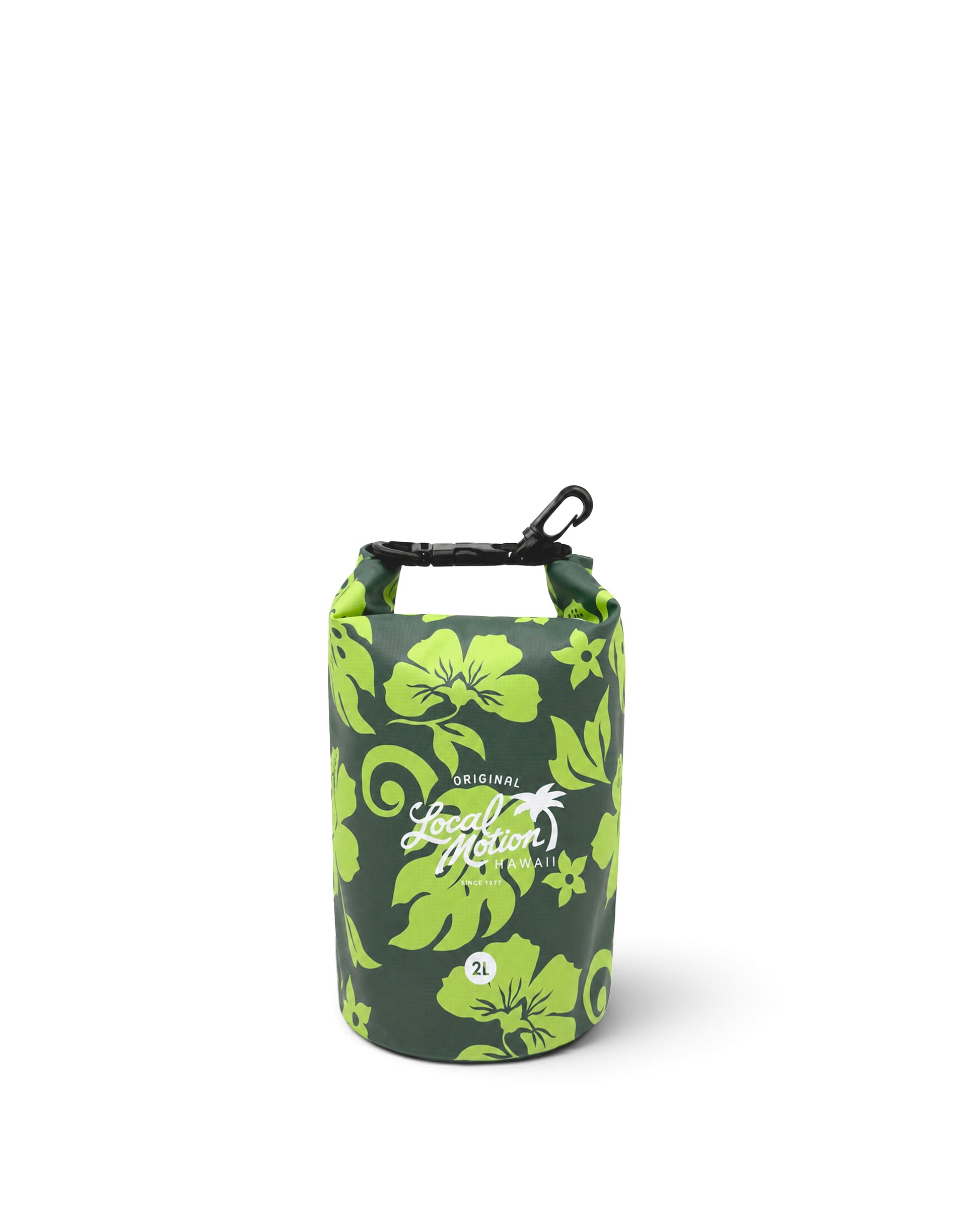 A dry bag waterproof pouch by Local Motion featuring a green and dark green hibiscus floral pattern, with a black carabiner clip on top, set against a plain white background. [forest green/lime]