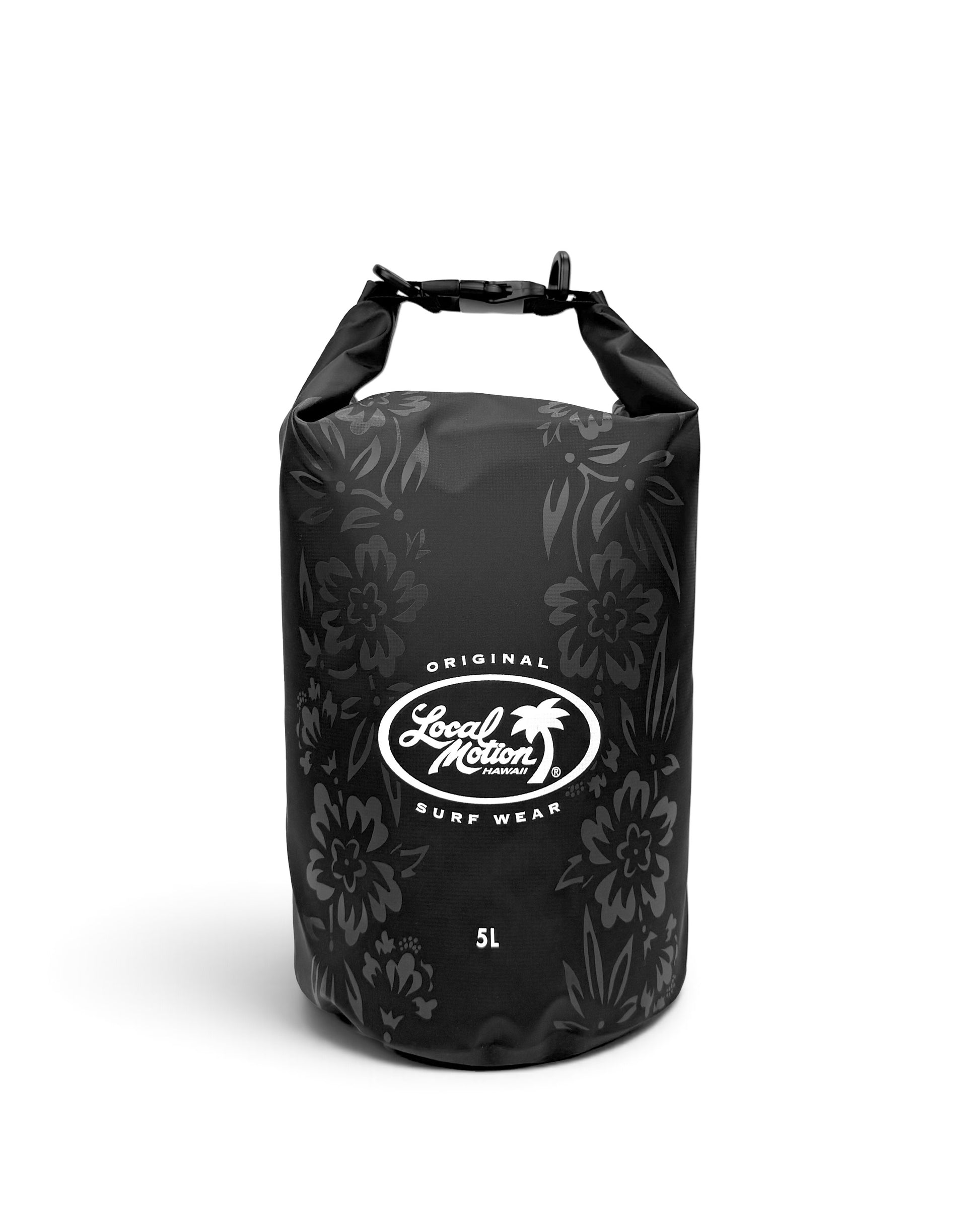 A 5L dry bag in black with a dark gray floral pattern and a white printed logo for Local Motion Surf Wear, shown on a clean white background.