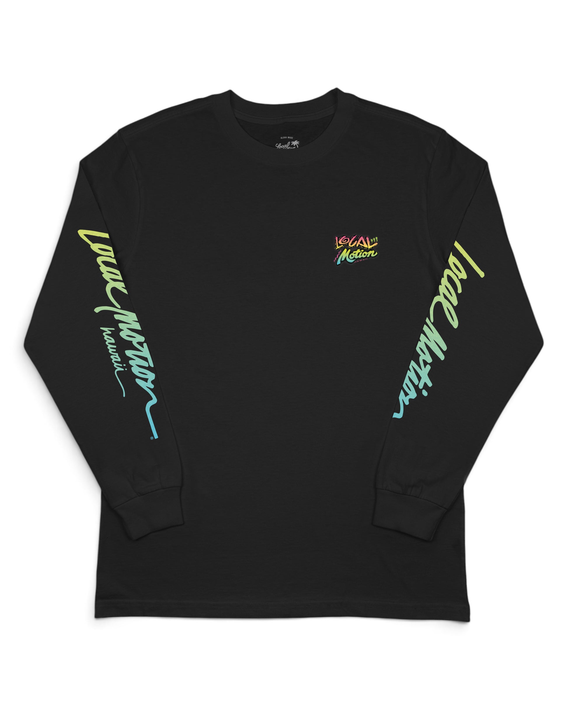 A black long-sleeve t-shirt with graphic prints on the sleeves and chest