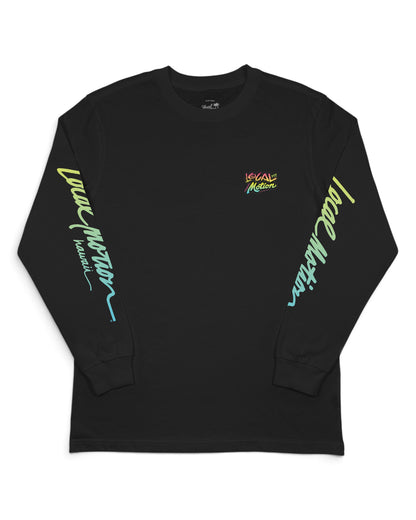 A black long-sleeve t-shirt with graphic prints on the sleeves and chest