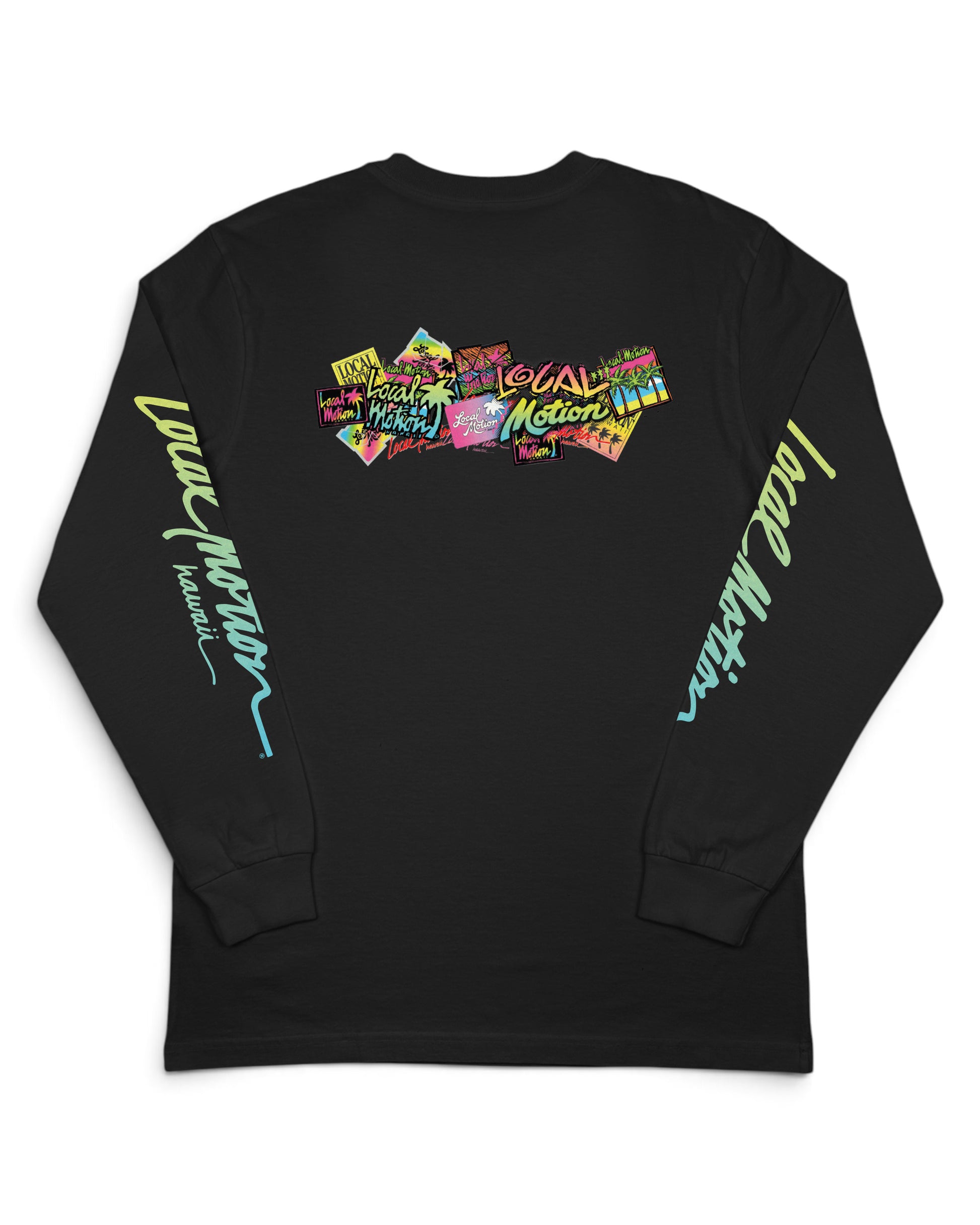 A black long-sleeve t-shirt with colorful graphic prints on the back 