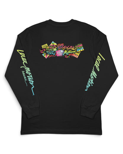 A black long-sleeve t-shirt with colorful graphic prints on the back 