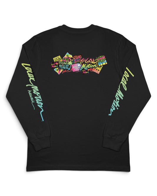 A black long-sleeve t-shirt with colorful graphic prints on the back 