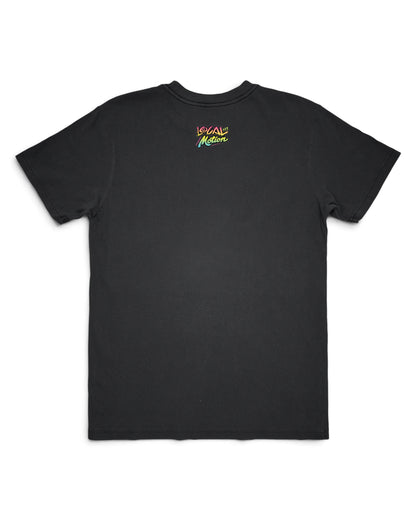 A black short-sleeve crewneck t-shirt with a small colorful 'Lokal Nation' logo printed on the upper chest, displayed against a plain white background. [graphite black]
